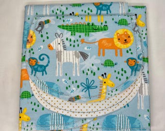Safari Animals Flannel Baby Blanket & Burp Cloth Set, Hemstitch Swaddle (36x40)