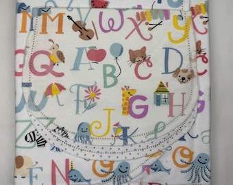 ABC animal alphabet Hemstitch double sided flannel baby blanket & burp cloth,  receiving 36x40. Perfect swaddle. Kits avail.