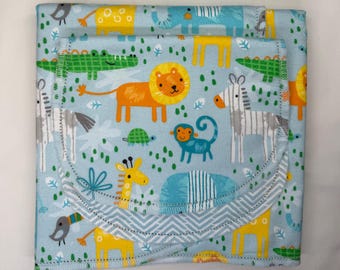 Safari Animals Flannel Baby Blanket & Burp Cloth Set, Jungle Animal Baby Gift, Lion Giraffe Zebra Elephant Nursery Blanket