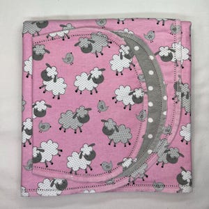 Grey baby lamb on green safari hemstitch flannel baby blanket & burp cloth, double sided 36x40. Perfect swaddle. Kits avail.
