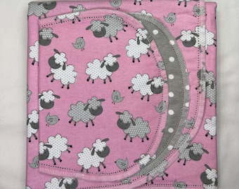 Grey baby lamb on green safari hemstitch flannel baby blanket & burp cloth, double sided 36x40. Perfect swaddle. Kits avail.