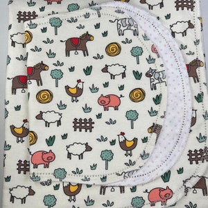 Farm Animals pig, cow, hemstitched flannel baby blanket and burp cloth, double sided flannel, size 36x40. Perfect swaddle. Kits avail image 5