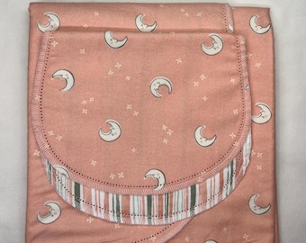 Peach Lily flowers & rocking horse Hemstitch flannel baby blanket and burp cloth, double sided. 36x40. Perfect swaddle. Kits avail.