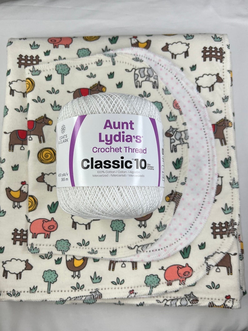 Farm Animals pig, cow, hemstitched flannel baby blanket and burp cloth, double sided flannel, size 36x40. Perfect swaddle. Kits avail Kit: White yarn