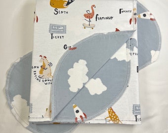 Adventure around the world, Hemstitch double sided flannel baby blanket & burp cloth, receiving size 36x40. Perfect swaddle. Kits avail.