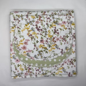 Vintage  wild flowers, pink, yellow, purple hemstitch, double sided flannel baby blanket & burp cloth, receiving size 36x40. Kits avail.
