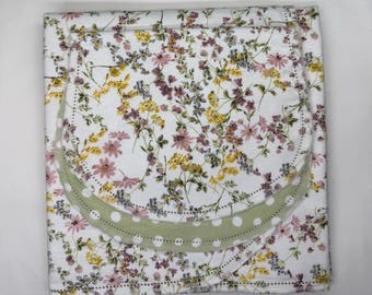 Vintage  wild flowers, pink, yellow, purple hemstitch, double sided flannel baby blanket & burp cloth, receiving size 36x40. Kits avail.
