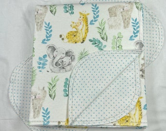 Giraffe, hippo, elephant, llama & baby hemstitch flannel baby blanket and burp cloth, double sided size 36x40. Perfect swaddle. Kits avail.