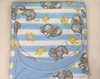 Elephant Flannel Baby Blanket and Burp Cloth Set, Blue Stripe, Hemstitched Crochet Edge Kit