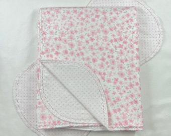 Baby Pink polka dot, ditzy pink grey wild flower hemstitch double sided flannel baby blanket & burp cloth, size 36x40. Kits avail. Polka dot