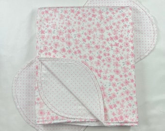 Baby Pink polka dot, flower hemstitch double sided flannel baby blanket & burp cloth, receiving size 36x40. Perfect swaddle. Kits avail.