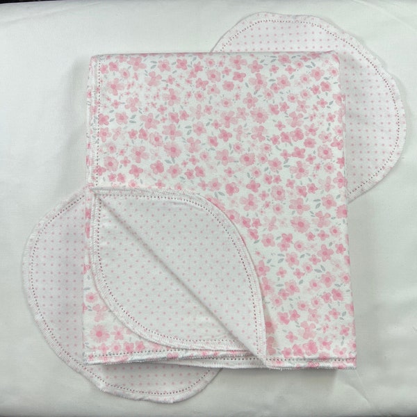 Baby Pink polka dot, flower hemstitch double sided flannel baby blanket & burp cloth, receiving size 36x40. Perfect swaddle. Kits avail.