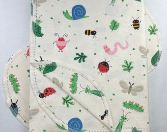 Bugs bugs bugs hemstitched flannel baby blanket and burp cloth, double sided flannel receiving size 36x40.  Perfect swaddle. Kit available