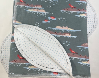 Baby Hippo and red bird hemstitch double sided flannel baby blanket & burp cloth, receiving size 36x40. Perfect swaddle. Kits avail. Water