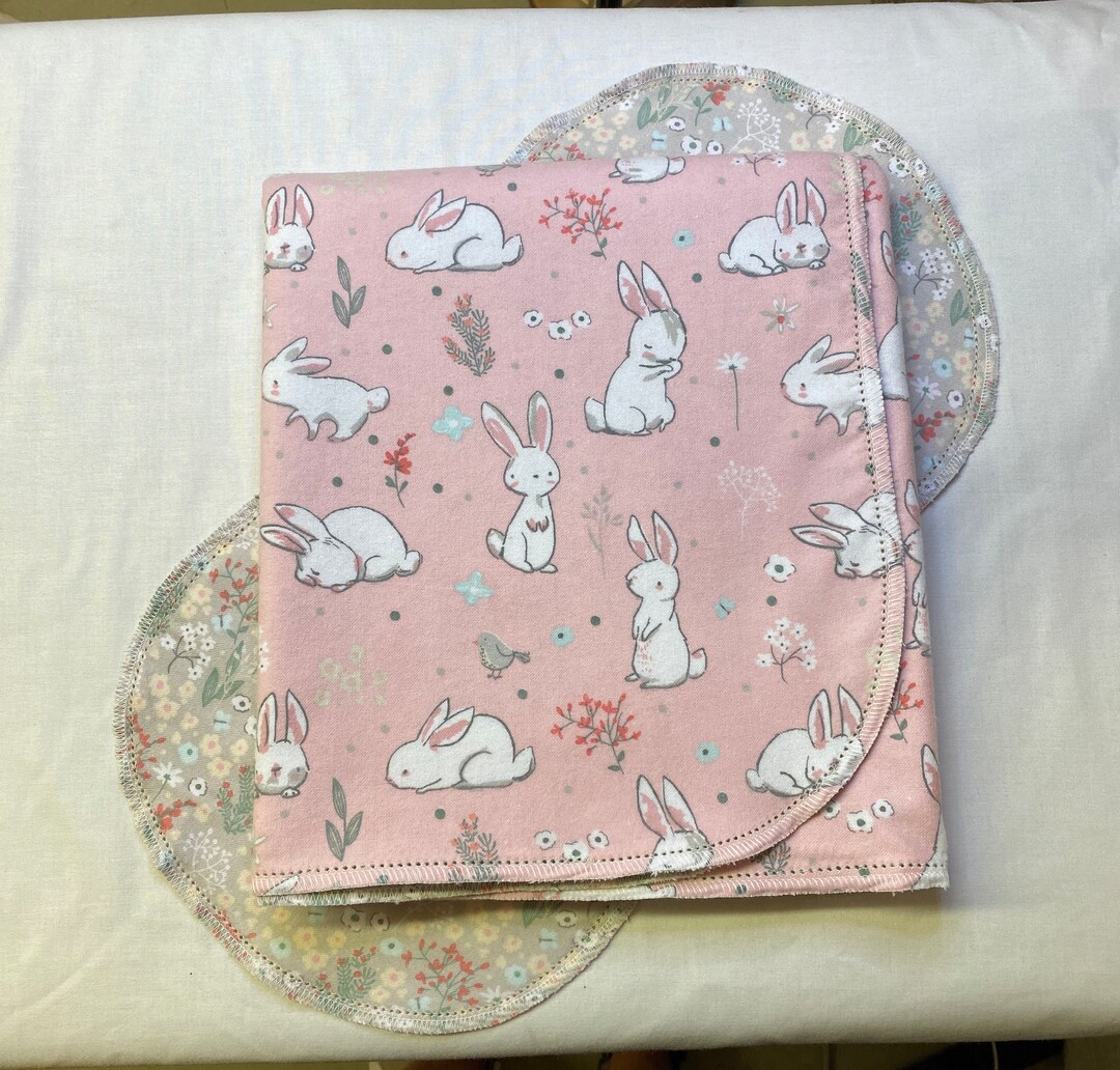 White bunny Rabbit on pink hemstitched crocheted flannel baby blanket & burp cloth, double sided flannel, 36x40. Perfect swaddle kits avail