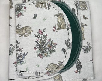 White Bunny Rabbit hemstitched  flannel baby blanket and burp cloth, double sided flannel receiving size 36x40. Perfect swaddle. Kits avail