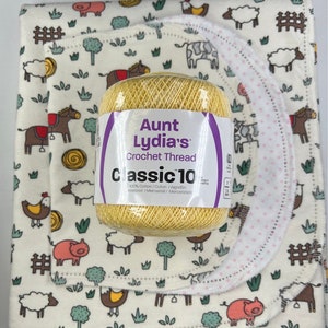 Farm Animals pig, cow, hemstitched flannel baby blanket and burp cloth, double sided flannel, size 36x40. Perfect swaddle. Kits avail kit: yellow yarn