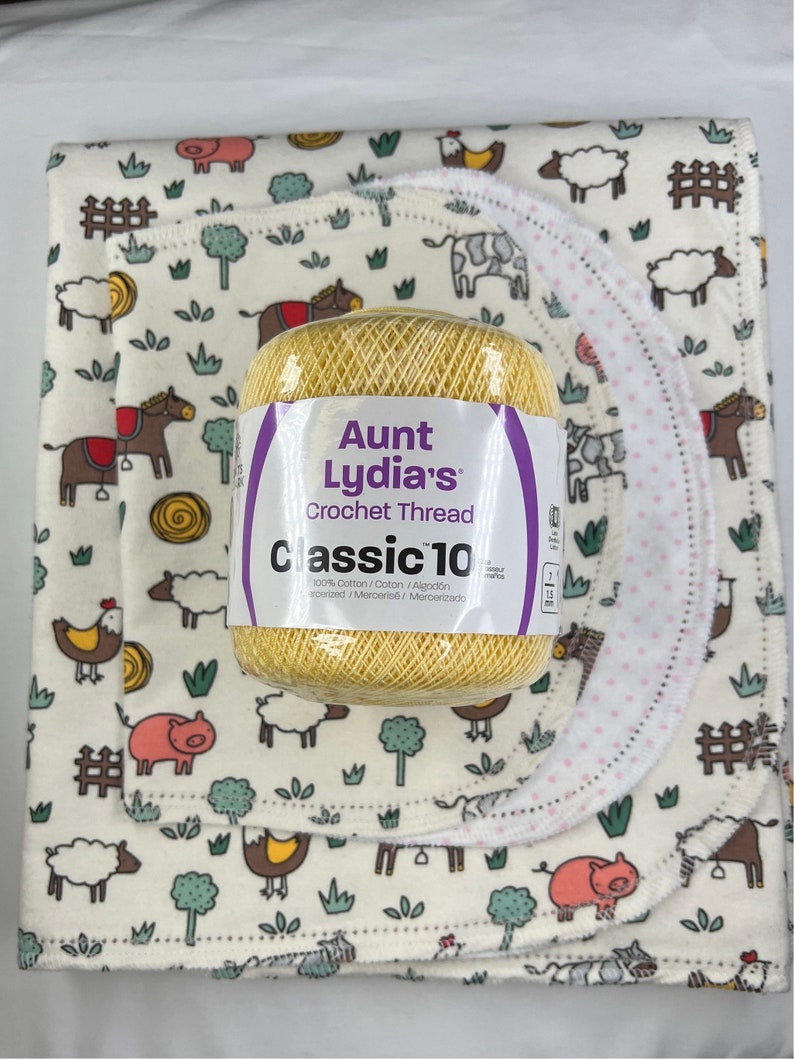 Farm Animals pig, cow, hemstitched flannel baby blanket and burp cloth, double sided flannel, size 36x40. Perfect swaddle. Kits avail kit: yellow yarn