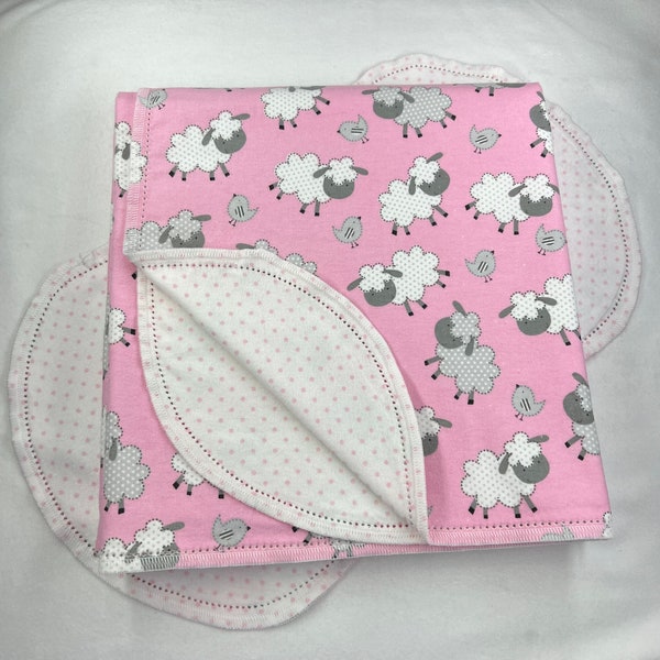 Grey white polka dot sheep on pink Hemstitch flannel baby blanket and burp cloth, double sided 36x40. Perfect swaddle. Kits avail.