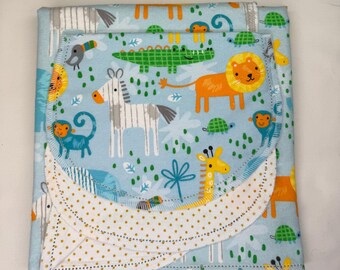 Manta de bebé de franela de doble cara con estampado de león, tigre, elefante, jirafa, hipopótamo y safari, con dobladillo cosido, 36x40 cm. Ideal para envolver al bebé. Kits disponibles.