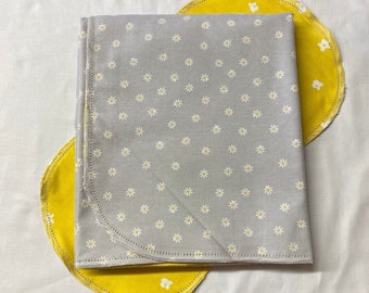 Dainty Yellow flower on grey hemstitch flannel baby blanket and burp cloth, double sided, receiving size 36x40. Perfect swaddle. Kits avail.
