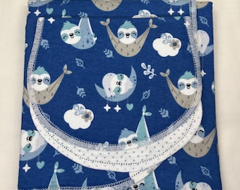 Sloth Baby Blanket and Burp Cloth, Blue Hemstitch Flannel, 36x40