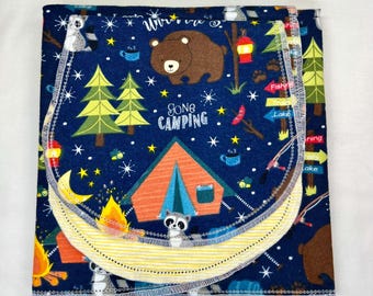 Camping let’s sleep under the stars Bear, Raccoon, Owl,  double sided flannel blanket & burp cloth set Hemstitch, 36x40 kits avail