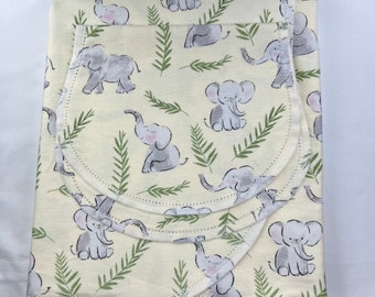 Safari Grey baby elephant, green leaf on yellow hemstitch flannel baby blanket & burp cloth, double sided 36x40. Kits avail. Perfect swaddle