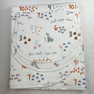 123 You’ll never know how much I love you, hemstitch double sided flannel baby blanket & burp cloth, 36x40. Perfect swaddle. kits avail.