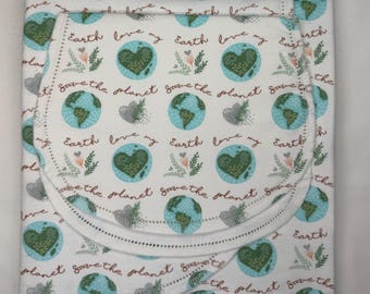 Love The Earth, Save the World, Hemstitch flannel baby blanket and burp cloth size 36x40. Perfect swaddle. Kits available