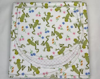 Green frog and blue pink blue flowers on white double sided flannel baby blanket & burp cloth, 36x40, Perfect swaddle, kits avail. Polka dot