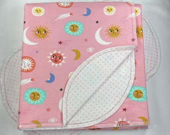 Pink Celestial Flannel Baby Blanket & Burp Cloth, Hemstitch Double Sided Swaddle (36x40)