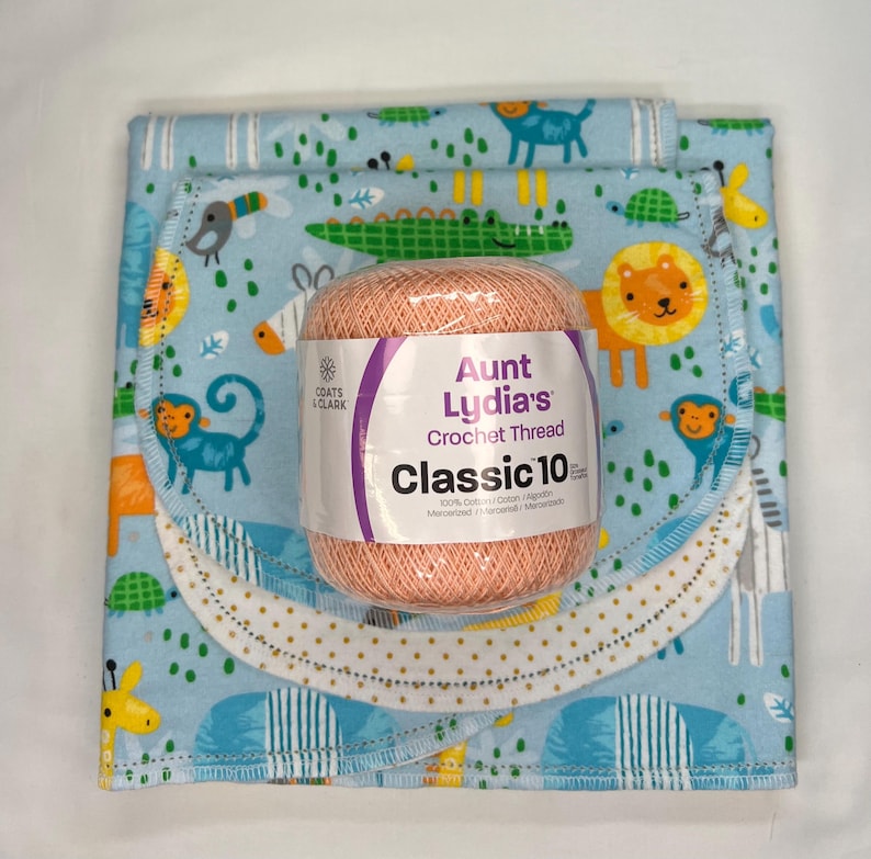 Safari Animals Flannel Baby Blanket & Burp Cloth Set, Hemstitch Swaddle (36x40) kit: peach yarn