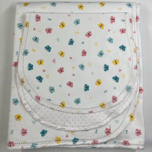 Pink, blue, teal, blue Butterfly, hemstitch flannel baby blanket and burp cloth, double sided 36x40. Perfect swaddle. Kit avail. Polka dot