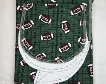 Play football! hemstitched  double sided flannel baby blanket & burp cloth, receiving 36x40. Perfect swaddle, kits avail. green, brown