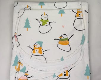 Manta de bebé de franela con diseño de muñeco de nieve y paño para eructar, kit con borde de ganchillo cosido, regalo de invierno para bebé