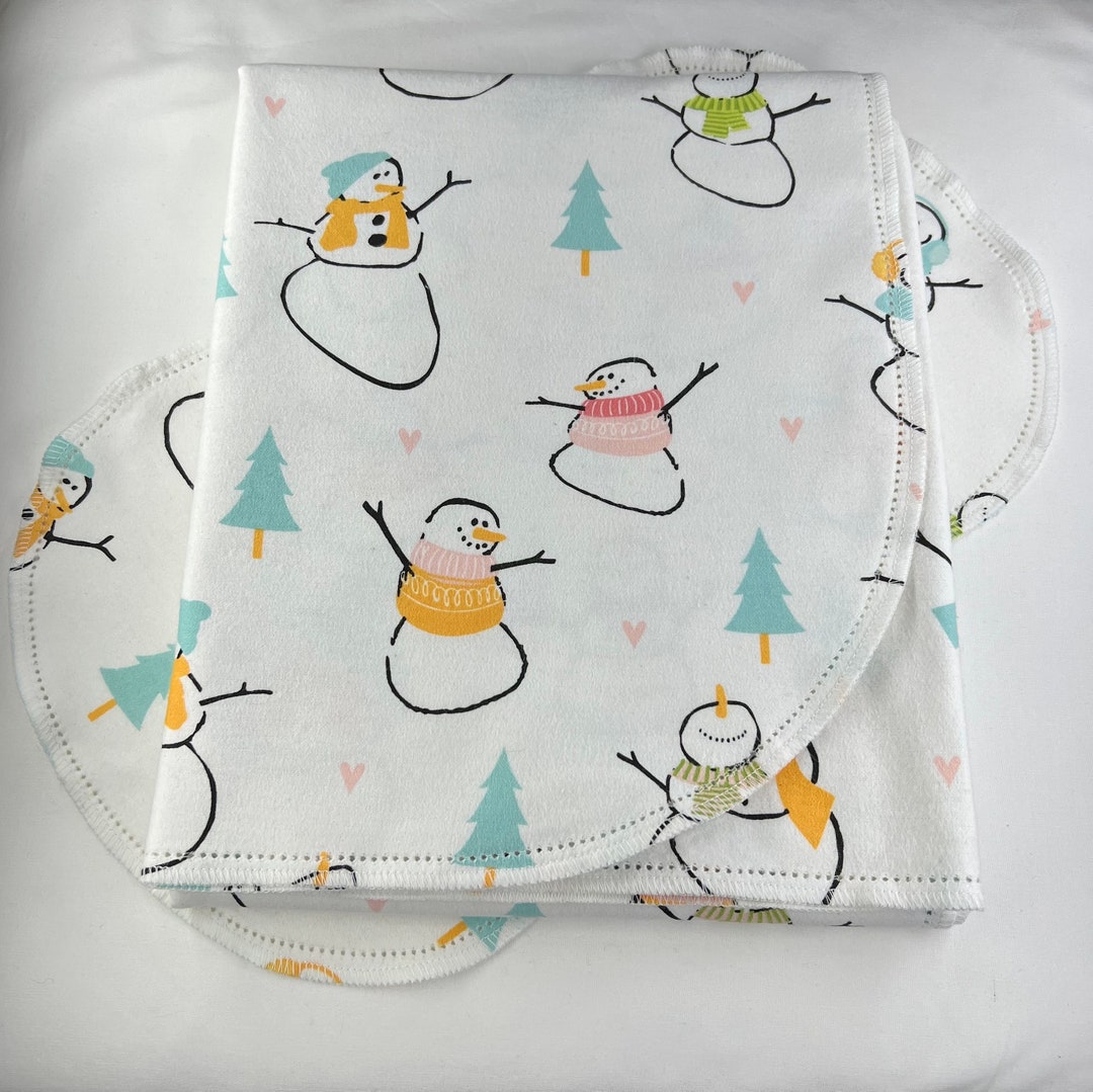 Snowman Christmas tree Fun hemstitch flannel baby blanket and burp cloth, double receiving 36x40. Perfect swaddle. Kits avail