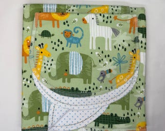 Safari Animals Flannel Baby Blanket & Burp Cloth Set, Hemstitch Swaddle (36x40)