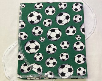 Let’s play soccer on green hemstitch flannel baby blanket and burp cloth, double sided flannel receiving size 36x40. Perfect swaddle kits