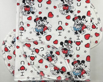 Mickey & Minnie Love hemstitched flannel baby blanket and burp cloth, double sided flannel receiving size 36x40. Perfect swaddle. Kits avail