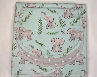 Grey baby elephant on green safari hemstitch flannel baby blanket & burp cloth, double sided 36x40. Perfect swaddle. Kits avail.