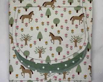 Horse Baby Blanket, Woodland Horse Flannel Blanket, Hemstitched Cotton Baby Blanket with Green Polka Dot Back, Crochet Edge Kit