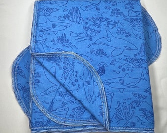 Narwhal whale in aqua and white hemstitch flannel baby blanket and burp cloth, double sided receiving, 36x40, perfect swaddle, kits avail