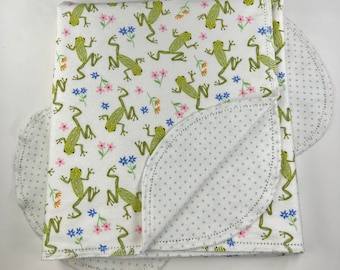 Green frog and blue pink blue flowers on white double sided flannel baby blanket & burp cloth, 36x40, Perfect swaddle, kits avail. Polka dot