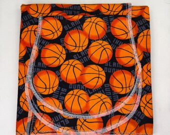 Basketball Flannel Baby Blanket and Burp Cloth Set, Orange Sports Print, Hemstitched Crochet Edge Kit