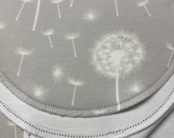 White Dandelion flower grey hemstitch double sided flannel baby blanket & burp cloth, receiving size 36x40. Perfect swaddle. Kits avail