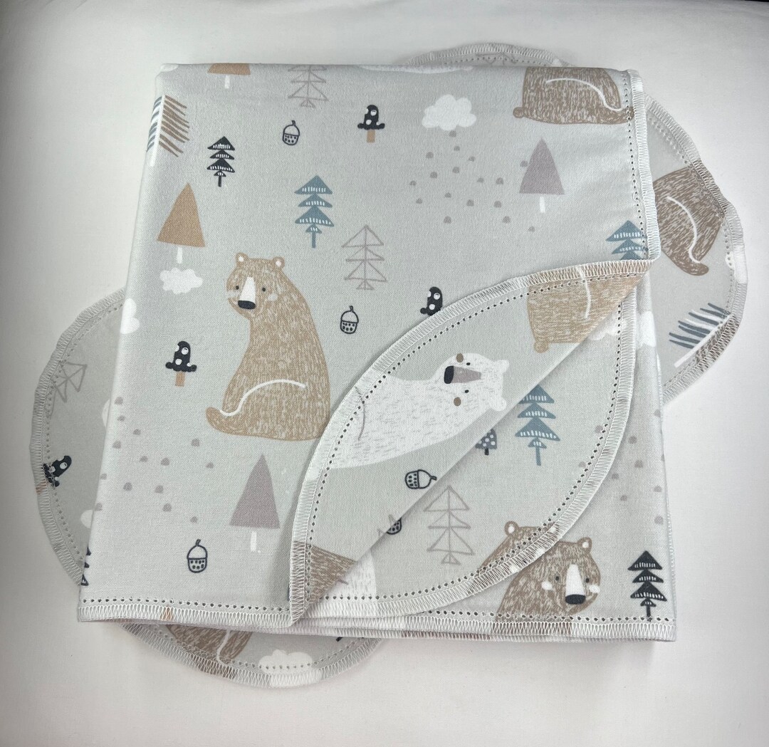 Grey Baby bear paw print, hemstitched flannel baby blanket kit & burp cloth, double sided flannel receiving, 36x40. Perfect swaddle. kits