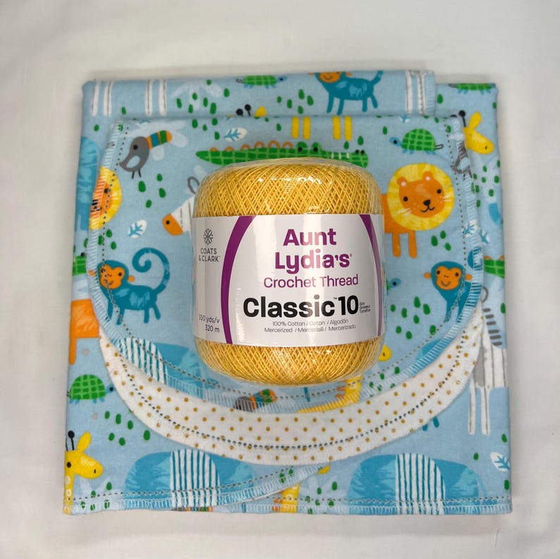 Safari Animals Flannel Baby Blanket & Burp Cloth Set, Hemstitch Swaddle (36x40) kit: yellow yarn