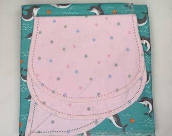 Manta de bebé de franela rosa con dobladillo cosido y juego de paño para eructar, kit de borde de ganchillo, Cuddle Tyme