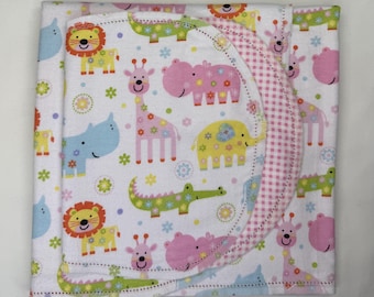 Safari Animals Flannel Baby Blanket & Burp Cloth Set, Hemstitch Swaddle (36x40)
